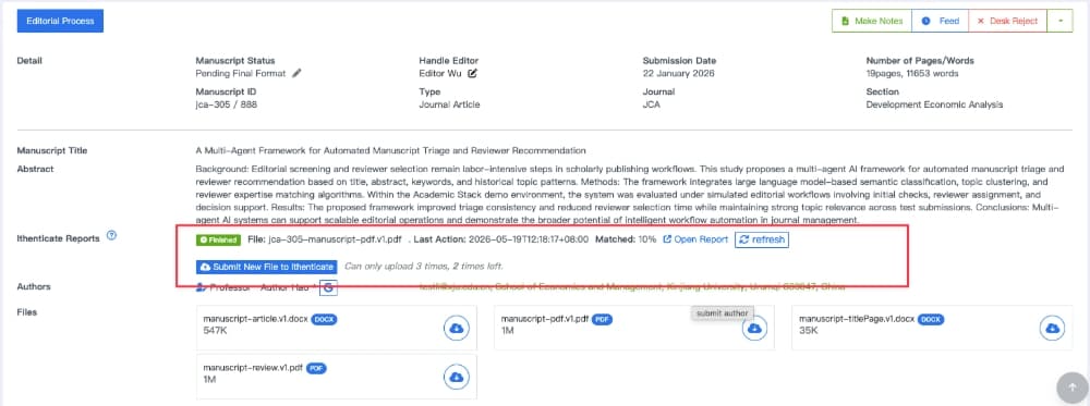 iThenticate reports section in Academic Stack