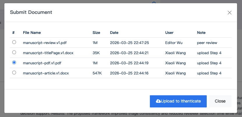 Select manuscript file for iThenticate submission